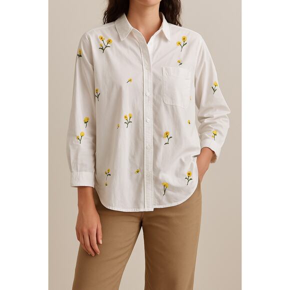 Maeve by Anthropologie Embroidered Floral Button-Down Shirt White Yellow Size L - Picture 1 of 6